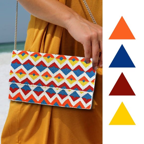 Geometric Design Seed Beaded Crossbody Chain Clutch Bag | Handbag | Colorful - Picture 4 of 6